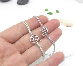 fine bracelet in desired color, with zodiac sign, adjustable with sliding knot, gift for women and girls