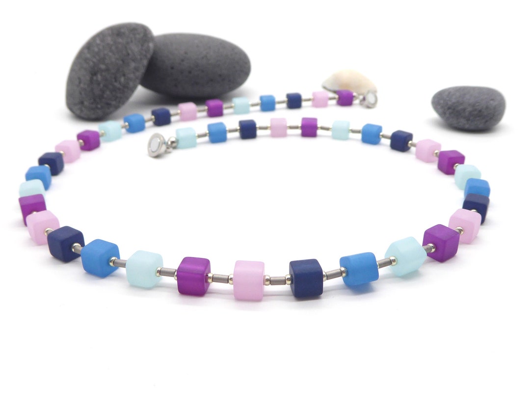 Collier En Cubes Polaris, Bleu-lilas, Chaîne Bijou, Petits Cubes, Femme ...