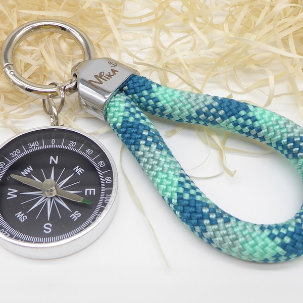 Key ring with name or desired text and compass, many ropes to choose from, engraving as desired