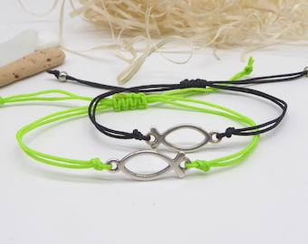 Gift for confirmation / communion, delicate bracelet with fish in silver with sliding knot, desired color possible, gift