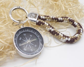 Schlüsselanhänger aus Seil, mit oder ohne Gravur, Kompass funktionsfähig, großer Anhänger mit Karabiner, Geschenk, Kordel, Tau, Strick