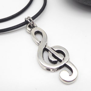 Necklace leather cord, pendant violin key, music, men's jewelry, unisex, with carabiner stainless steel, gift man and woman, music key