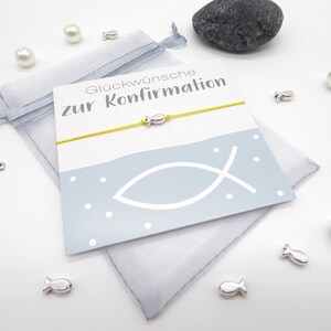 Geschenk zur Konfirmation / Kommunion, zartes Armbändchen mit kleinem Fisch silber, Schiebeknoten, Wunschfarbe, incl. Geschenk-Karte