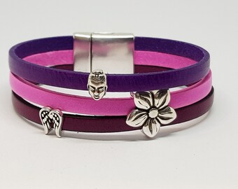 wide leather strap made of cowhide leather in pink purple violet, with magnetic closure silver, 3 sliding beads, customizable, gift woman
