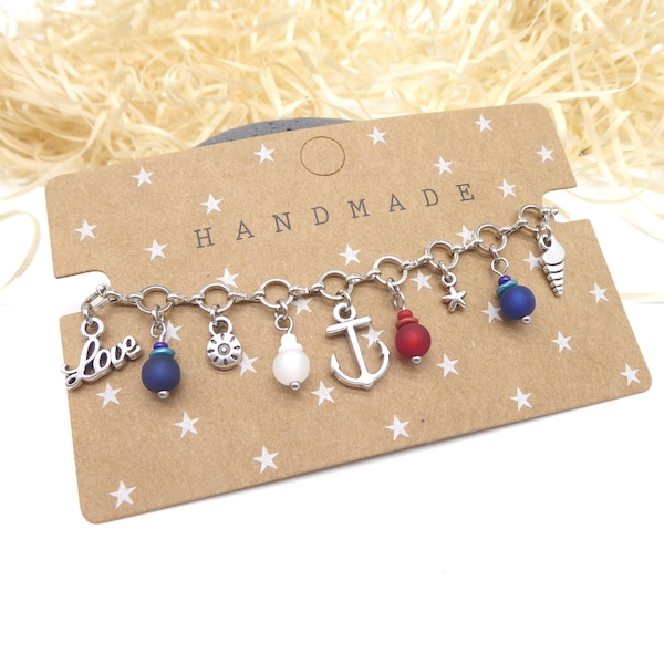 Begging bracelet in maritime style, bracelet, arm jewelry maritime, blue red white, anchor steering wheel shell Polaris beads, gift woman girl