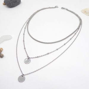 multi-row necklace made of stainless steel, layering multilayer chain set 3-piece, 3-fold necklace silver