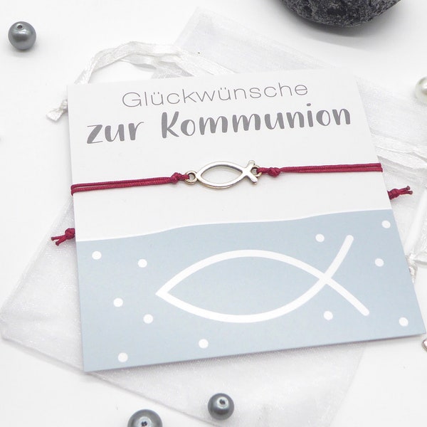 Geschenk zur Konfirmation / Kommunion, zartes Armbändchen mit Fisch in silber mit Schiebeknoten, Wunschfarbe möglich, incl. Geschenk-Karte