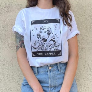Custom Tarot Card T-Shirt – &quot;The Yapper&quot; | Vintage Phone Lady Graphic Tee | Funny Witchy Aesthetic Shirt | Occult Gift | Retro Tarot Tee