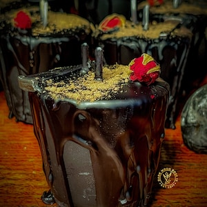 May include: A black candle with a dark chocolate coating and a dried red rose on top. The candle is in a glass jar and has a gold label with the text "Dark Moon Rose 13 Est. 2017".