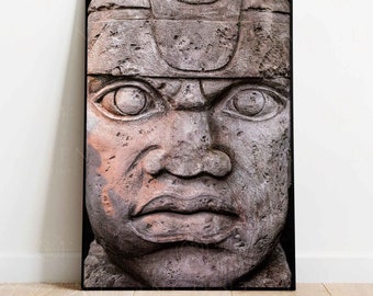 Olmec Stone Head Framed Print, Canvas, Poster | Mexico | Aztec | Mayans | Ancient | Mythology | Gods | History | Ancient Wall Art Décor