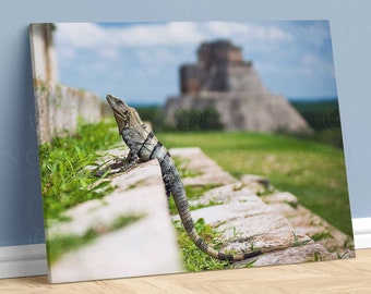 Uxmal Lizard Wall Art - Mayan Ruins Yucatan Mexico Print, Ancient Mesoamerican Temple Sculpture Poster, Travel Decor, Gift, Framed Canvas