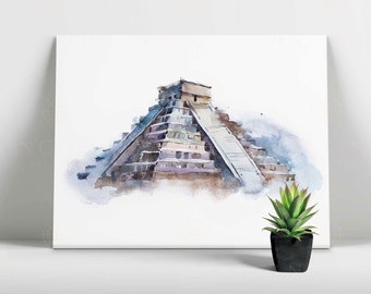 Chichen Itza Watercolour Framed Print, Canvas, Poster | Mexico | Engineering | Aztec | Mayans | Gods | History | Ancient Wall Art Décor