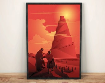 Tower of Babel Illustration Framed Print, Canvas, Poster | Babylon | Sumerian | Assyrian | Akkadian | Mesopotamian | Ancient Wall Art Décor