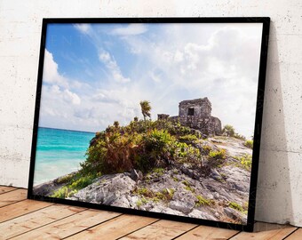 Tulum Ruins Beach View Framed Print, Canvas, Poster | Mexico | Aztec | Mayan | Landscape | Jungle | Beach | Mythology Ancient Wall Art Décor