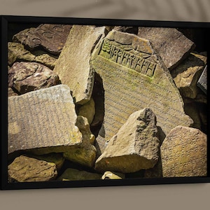 Buddhist Mantra Stones Framed Print, Canvas, Poster | Tibet | Mani | Buddha | Travel | Nepal | Himalayan | Yoga | Ancient Wall Art Décor