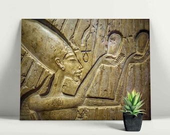 Arte mural del dios sol Atón de Akenatón - Impresión en relieve de culto egipcio, póster del período de Amarna, decoración de religión antigua, regalo mitológico, lienzo enmarcado
