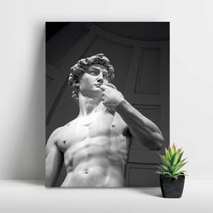 Könnte beinhalten: Schwarz-Weiß-Druck der David-Statue von Michelangelo. Die Skulptur zeigt eine nackte männliche Figur mit detaillierter Muskulatur, vor einem architektonischen Hintergrund. Das Kunstwerk wird auf einer weißen Oberfläche präsentiert.