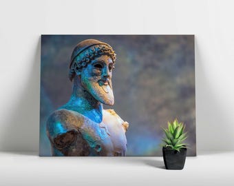 Poseidon Büste Wand Kunst - Griechischer Gott des Meeres Skulptur Druck, Antike Mythologie Statue Poster, Olympische Gottheit Dekor, Geschenk, gerahmte Leinwand