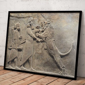 Lion Hunt of Ashurbanipal Framed Print, Canvas, Poster | Assyrian | Babylon | Akkadian | Mesopotamian | Sumerian | Ancient Wall Art Décor
