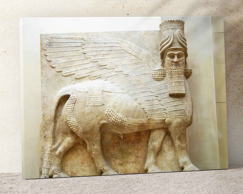 Lamassu Winged Bull Statue wall art print by Ancient Art Prints, Ancient Mesopotamian Guardian Print, Assyrian Palace Sculpture Poster, Babylon Decor