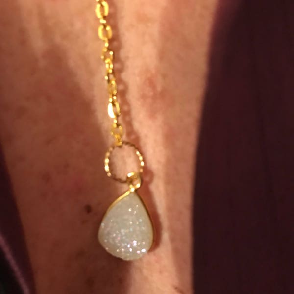 White Druzy Lariat Necklace * Gold and White Y Necklace * Aurora Borealis Shimmery White Druzy