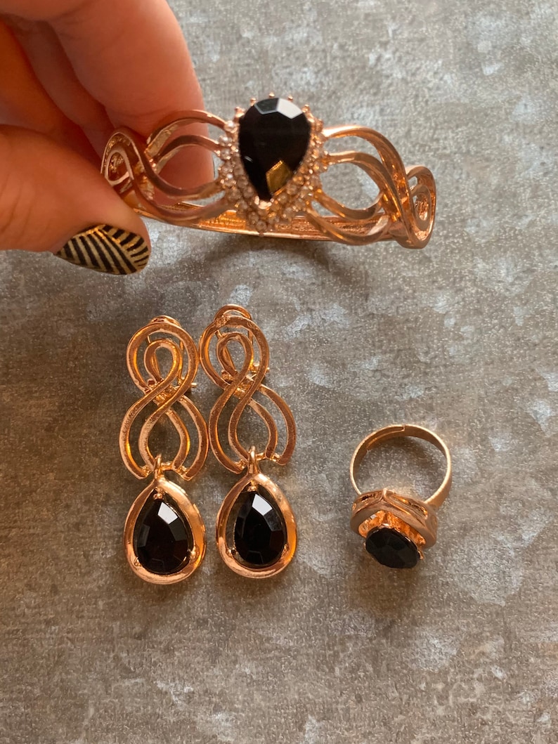 Gold and Black Bold Necklace Set Bracelet Earrings Statement Necklace Set Ring