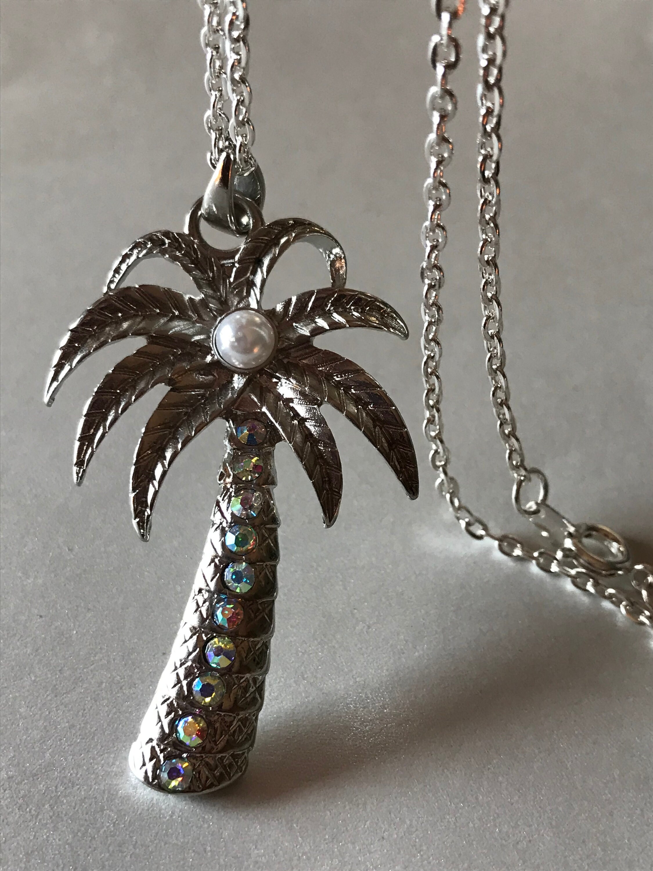Silver Palm Tree Necklace Silver Pearl Rhinestone Palm Tree | Etsy