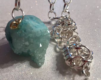 Aqua Druzy Stone and Silver Necklace * December Birthstone * Natural Stone Jewelry * Silver Link and Stone Necklace