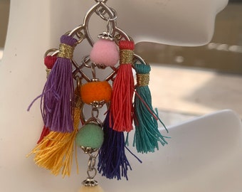 Large Tassels and Pom Pom Earrings * Statement Earrings * Bohemian Jewelry