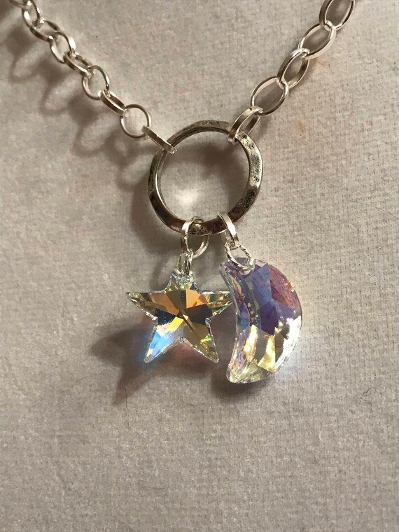 .925 Sterling Silver Aurora Borealis Rainbow Crystal Cresent Moon Necklace 18/"