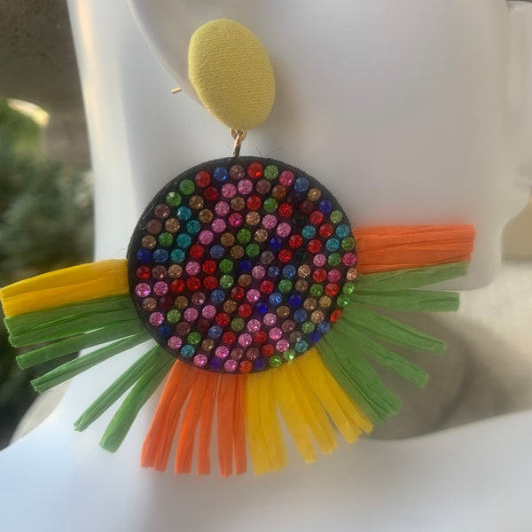 Raffia Tassel Earrings * Colorful Earrings * Bohemian Jewelry * Rhinestones and Raffia