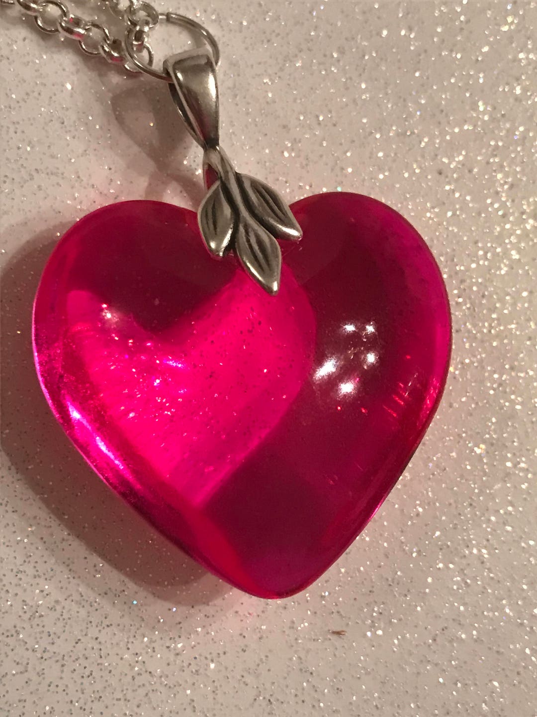 Hot Pink Glass Heart Necklace Love Necklace Valentine's Day Necklace