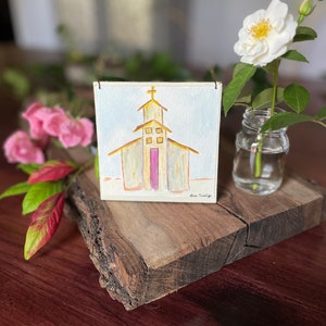 Primitive Church Original Hand Painted Watercolor on 4&quot;X4&quot; Ivory Painted Wood with Brushed Bronze Finish Hanger