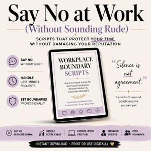 May include: A digital tablet displays "Workplace Boundary Scripts" with text about setting boundaries at work. The image includes the text "Say No at Work" and icons representing various work-related topics. The overall theme is professional development.