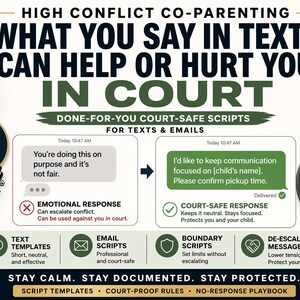May include: A promotional graphic for co-parenting resources. The image features text message examples, a gavel, and icons for text templates, email scripts, boundary scripts, and de-escalation messages. The text emphasizes staying calm, documented, and protected.