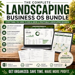 May include: A digital business management bundle for landscaping, featuring a laptop and tablet displaying profit dashboards, route sheets, and client management software, alongside printed proposal, service agreement, and visit report forms.