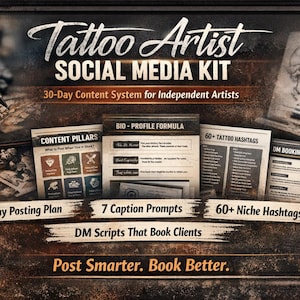 Kit de redes sociales para tatuadores / Plan de contenido, hashtags, guiones para mensajes directos (descarga digital)