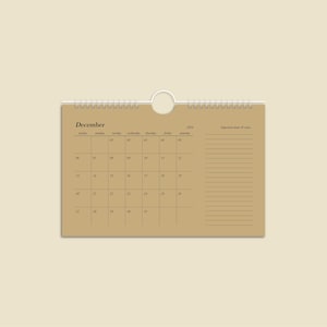 8.5in x 5.5in Natural Kraft Calendar / Small Wall Hanging 2026 Calendar / Simple Minimalist Neutral Beige Calendar With Note Section