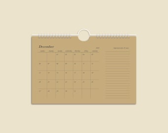 8.5in x 5.5in Natural Kraft Calendar / Small Wall Hanging 2026 Calendar / Simple Minimalist Neutral Beige Calendar With Note Section