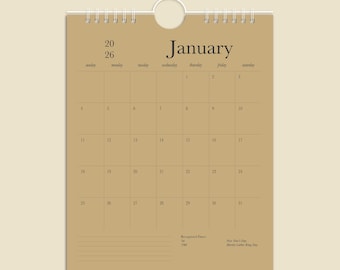 Vertical 10in x 8in Natural Kraft Calendar / Simple Minimalist Calendar 2026 / Neutral Beige Modern Calendar With Holidays