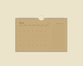 8.5in x 5.5in Natural Kraft Calendar / Small Wall Hanging 2024 Calendar / Simple Minimalist Neutral Beige Calendar With Note Section