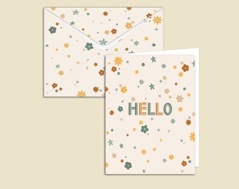 Blank Greeting Card With Envelope / Hello Greeting Card / Cute Groovy Retro Flowers Card