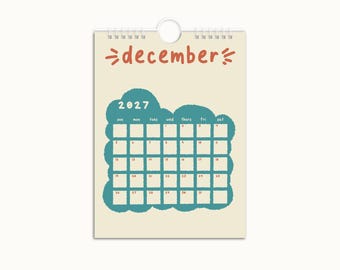 7.5in x 5.5in Cute Cloud Graphic Abstract 2027 Calendar / Colorful Illustrated 12 Month Hanging Calendar  / Abstract Wall Décor Calendar
