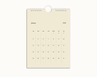 7.5in x 5.5in Minimalist Cream 2026 Calendar