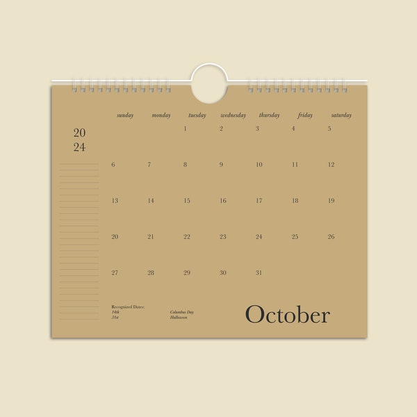 8in x 10in Natural Kraft Calendar / Simple Minimalist Calendar 2024 / 12 Month Wall Calendar / Neutral Beige Modern Calendar With Holidays