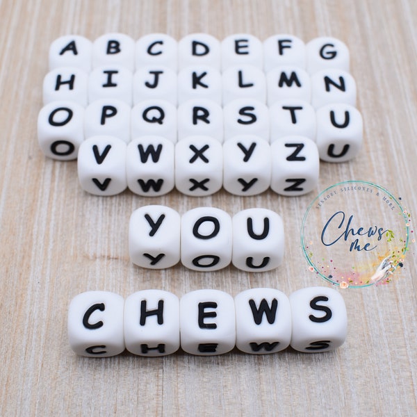 White Alphabet Letter silicone bead | Mix & Match | You Choose | 12mm | Variety Lot | Mixed Letters | Cube | Dice | Square | Sensory