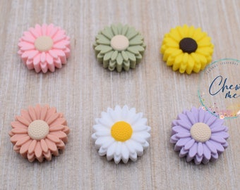 May include: Six colorful daisy-shaped silicone beads in pink, green, yellow, peach, white, and lavender. Each bead has a textured petal design and a contrasting center. The beads are arranged on a light wood-grain surface.