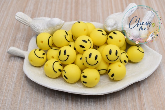 15mm Happy Emoji Round Silicone Bead Yellow Happy Smiley Emoji