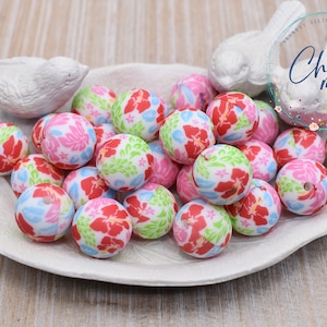 15mm Hibiscus Flowers Round Silicone Bead | Hawaii | Tropical | Red Pink Blue | Focal Bead | Sensory | Fidget | Lanyard | Wristlet | Pen