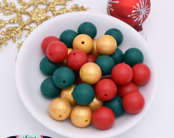 12mm CHRISTMAS HOLLY MIX round silicone bead |   | 5 or 10 piece | Sensory | Stim | fidget | scribe | lanyard | keychain | Pacifier